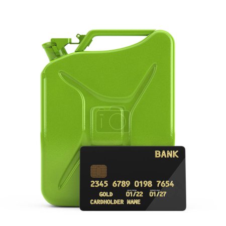 Téléchargez les photos : Jerrycan en métal vert et carte de crédit dorée en plastique noir avec puce sur fond blanc. Rendu 3d - en image libre de droit