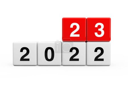 Téléchargez les photos : Blocs avec la transition de l'année 2022 à 2023 sur fond blanc. Rendu 3d - en image libre de droit