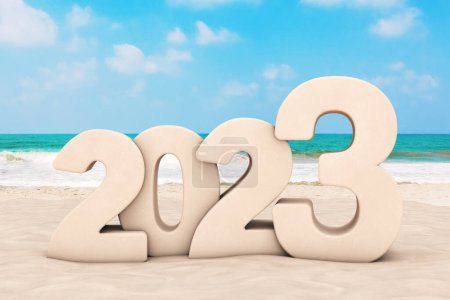 Téléchargez les photos : Bonne année 2023 Concept. 2023 Nouvel An Panneau à Sunny Beach extrême gros plan. Rendu 3d - en image libre de droit