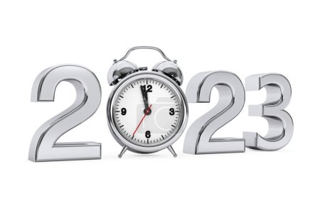 Photo for New Year 2023 concept. 2023 Steel Sign with Alarm Clock on a white background. 3d Rendering - Royalty Free Image