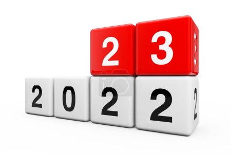 Téléchargez les photos : Blocs avec la transition de l'année 2022 à 2023 sur fond blanc. Rendu 3d - en image libre de droit