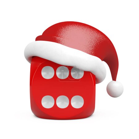 Cubo de dados de juego rojo con sombrero rojo de Papá Noel sobre un fondo blanco. Renderizado 3d 