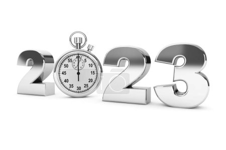 Téléchargez les photos : Nouvelle année 2023 concept. 2023 panneau en acier avec chronomètre sur fond blanc. Rendu 3d - en image libre de droit