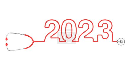 Red Stethoscope Tubing Forming New 2023 Year Sign on a white background. 3d Rendering