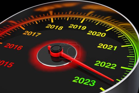 Téléchargez les photos : Compteur de vitesse conceptuel du Nouvel An 2023 sur fond noir. Rendu 3d - en image libre de droit