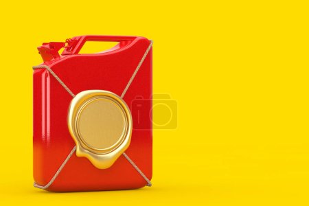 Téléchargez les photos : Jerrycan en métal rouge avec joint de cire d'or avec espace libre pour votre conception sur un fond jaune. Rendu 3d - en image libre de droit