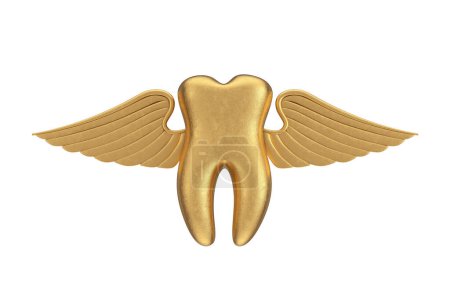 Golden Tooth with Angel Wings on a white background. 3d Rendering 
