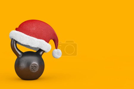 Iron Kettlebell With Red Santa Claus Hat on a yellow background. 3d Rendering 