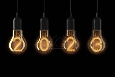 Photo for Light Bulbs Illuminated 2023 New Year on a black background. 3d Rendering. - Royalty Free Image