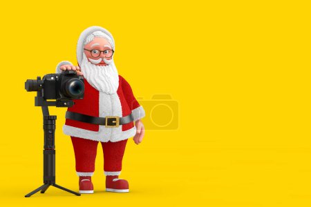 Dessin animé Père Noël joyeux Granpa avec DSLR ou caméra vidéo Gimbal Stabilisation système de trépied sur un fond jaune. Rendu 3d 