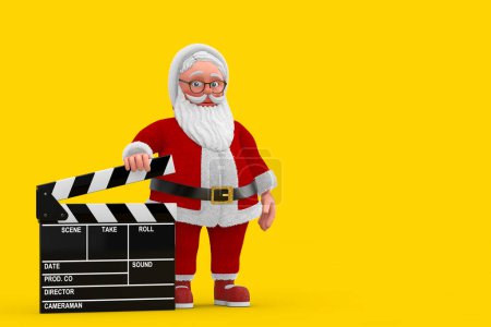 Caricatura alegre Papá Noel abuelo con película Clapper Board sobre un fondo amarillo. Renderizado 3d 