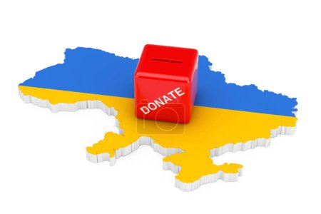 Red Donate Box over Ukrainian Map with Flag on a white background. 3d Rendering 