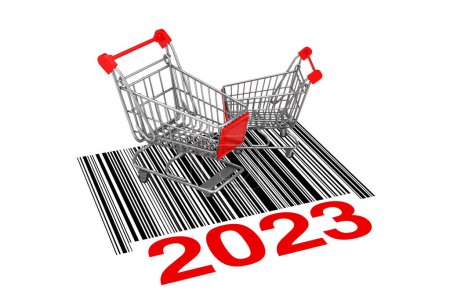 Two Empty Shopping Carts over Abstract Bar Code with New 2023 Year Sign on a white background. 3d Rendering 