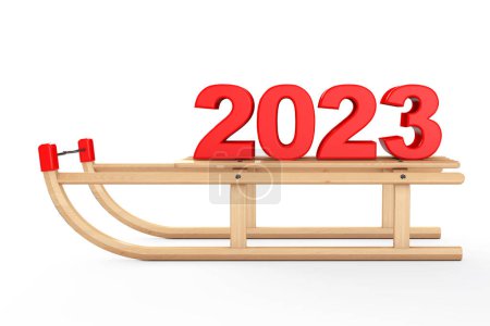 Foto de Clásico trineo de madera con el cartel de año nuevo 2023 sobre un fondo blanco. Renderizado 3d - Imagen libre de derechos