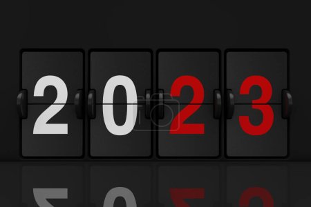 Téléchargez les photos : Mécanique analogique Flip Clock Board avec 2023 Nouvel An signe extrême gros plan. Rendu 3d - en image libre de droit