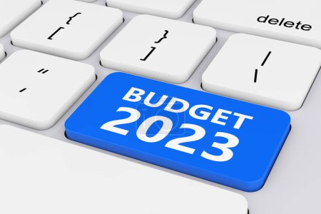 Téléchargez les photos : Blue Budget 2023 Clé sur PC blanc Clavier extrême gros plan. Rendu 3d - en image libre de droit