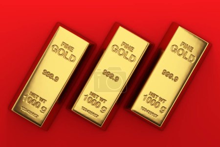 Foto de Banco o concepto financiero. Tres barras doradas sobre fondo rojo. Renderizado 3d - Imagen libre de derechos