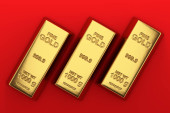 Bank or Financial Concept. Three Golden Bars on a red background. 3d Rendering  t-shirt #625015630