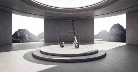 Foto de Minimalismo Arquitectura Interior con Blanco Moderno Eco Electric Kick Scooter sobre Presentación de Producto Podio y Montañas de primer plano extremo. Renderizado 3d - Imagen libre de derechos