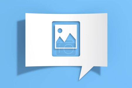 Photo for Photo Image Icon on Cutout White Paper Speech Bubble on blue background. 3d Rendering - Royalty Free Image