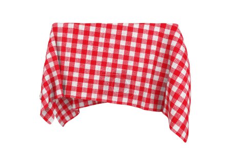 Photo for Surprise, Award or Prize Concept. Hidden Object Covered with Red Checkered Tablecloth Texture Fabric on a white background. 3d Rendering - Royalty Free Image