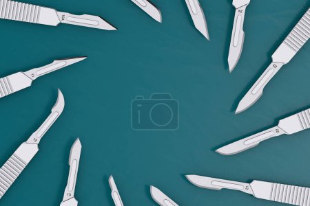 Photo for Set of Surgical Stainless Steel Metal Scalpels on a green background. 3d Rendering - Royalty Free Image