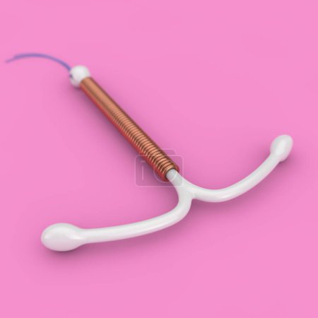 Foto de Concepto anticonceptivo. T Forma DIU Cobre Dispositivo intrauterino sobre un fondo rosa. Renderizado 3d - Imagen libre de derechos