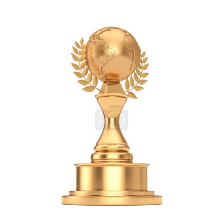 Foto de Trofeo del Premio de Oro con Globo de la Tierra Dorada y Corona de Laurel sobre un fondo blanco. Renderizado 3d - Imagen libre de derechos