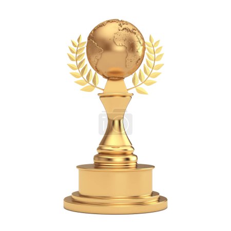 Foto de Trofeo del Premio de Oro con Globo de la Tierra Dorada y Corona de Laurel sobre un fondo blanco. Renderizado 3d - Imagen libre de derechos