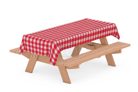 Holztisch mit Bänken und rotkarierter Tischdecke auf weißem Hintergrund. 3D-Darstellung 