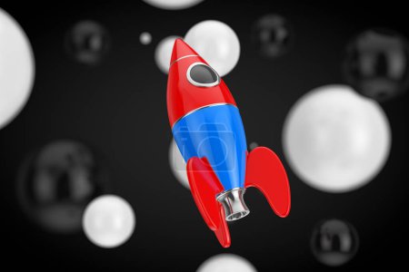 Photo for Startup Concept. Childs Toy Rocket on a black and white ball background. 3d Rendering - Royalty Free Image