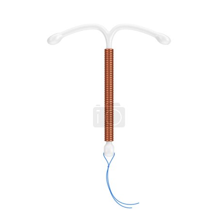 Geburtenkontrollkonzept. T Shape IUD Copper Intrauterine Device auf weißem Hintergrund. 3D-Darstellung 