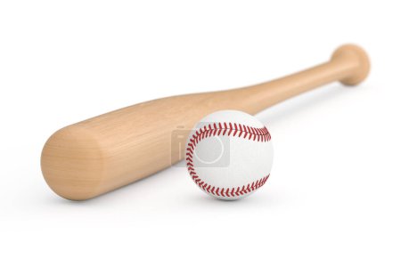 White Baseball Ball and Wooden Bat on a white background. 3d Rendering