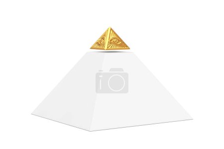 Téléchargez les photos : Pyramide blanche avec haut doré Symbole maçonnique Tout voir oeil Pyramide Triangle sur un fond blanc. Rendu 3d - en image libre de droit