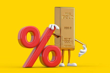 Photo for Golden Bar Cartoon Person Character Mascot with Red Retail Percent Sale or Discount Sign on a yellow background. 3d Rendering - Royalty Free Image