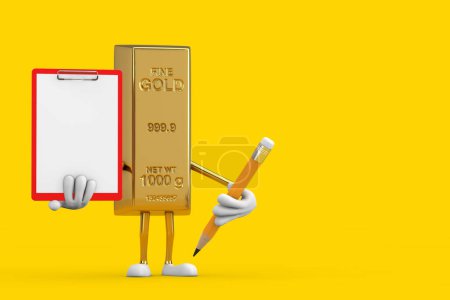 Téléchargez les photos : Mascotte de personnage de bande dessinée Golden Bar avec presse-papiers, papier et crayon en plastique rouge sur fond jaune. Rendu 3d - en image libre de droit
