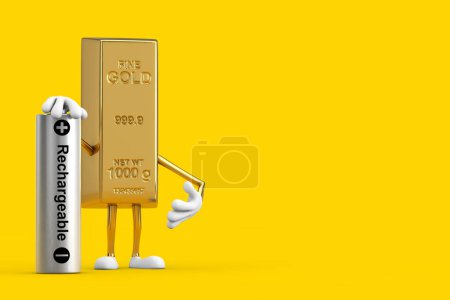 Téléchargez les photos : Mascotte de personnage de personnage de bande dessinée Golden Bar avec batterie rechargeable sur fond jaune. Rendu 3d - en image libre de droit