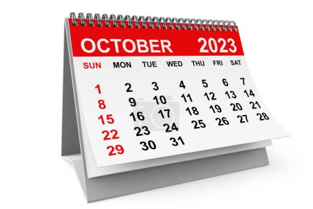 2023 Jahr Oktober-Kalender auf weißem Hintergrund. 3D-Darstellung