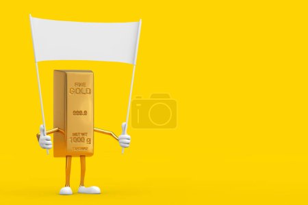 Téléchargez les photos : Mascotte de personnage de personnage de bande dessinée Golden Bar et bannière blanche vide avec espace libre pour votre design sur un fond jaune. Rendu 3d - en image libre de droit