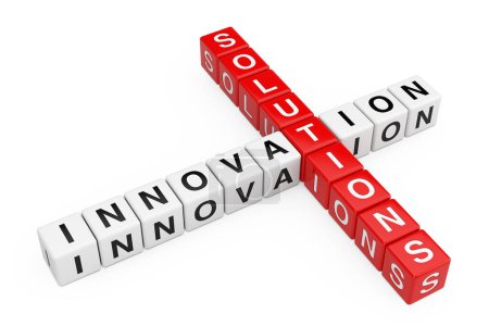 Innovation and Solutions Sign as Crossword Cube Blocks on a white background. 3d Rendering 