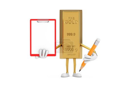 Téléchargez les photos : Mascotte de personnage de bande dessinée Golden Bar avec presse-papiers, papier et crayon en plastique rouge sur fond blanc. Rendu 3d - en image libre de droit