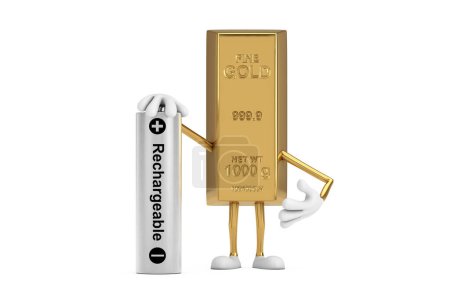 Téléchargez les photos : Mascotte de personnage de personnage de bande dessinée Golden Bar avec batterie rechargeable sur fond blanc. Rendu 3d - en image libre de droit