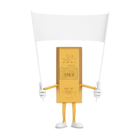Téléchargez les photos : Mascotte de personnage de personnage de bande dessinée Golden Bar et bannière blanche vide avec espace libre pour votre design sur un fond blanc. Rendu 3d - en image libre de droit