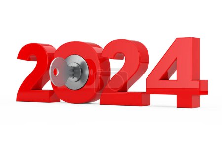 Neues Jahresschild 2024 mit Schlüssel auf weißem Hintergrund. 3D-Darstellung