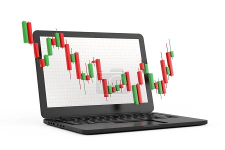 Grüne und rote Trading Financial Candlesticks Pattern Chart vor modernen Laptop-Notebooks auf weißem Hintergrund. 3D-Darstellung 