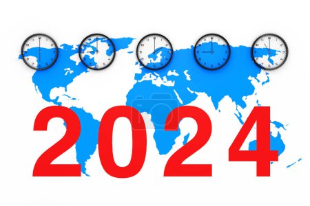 Photo for Set of Clocks with Different World Time, Blue World Map and New 2024 Year Sign on a white background. 3d Rendering - Royalty Free Image