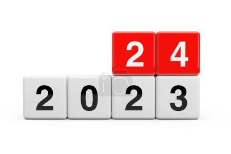Téléchargez les photos : Blocs avec la transition de l'année 2023 à 2024 sur fond blanc. Rendu 3d - en image libre de droit