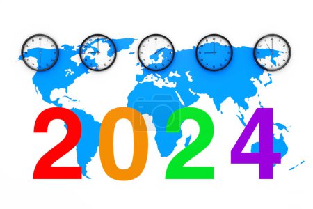 Photo for Set of Clocks with Different World Time, Blue World Map and New 2024 Year Sign on a white background. 3d Rendering - Royalty Free Image