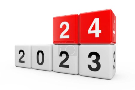 Téléchargez les photos : Blocs avec la transition de l'année 2023 à 2024 sur fond blanc. Rendu 3d - en image libre de droit
