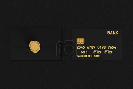 Foto de Tarjeta de crédito de oro de plástico negro con chip y paquete de tarjeta de crédito sobre un fondo de mesa negro. Renderizado 3d - Imagen libre de derechos